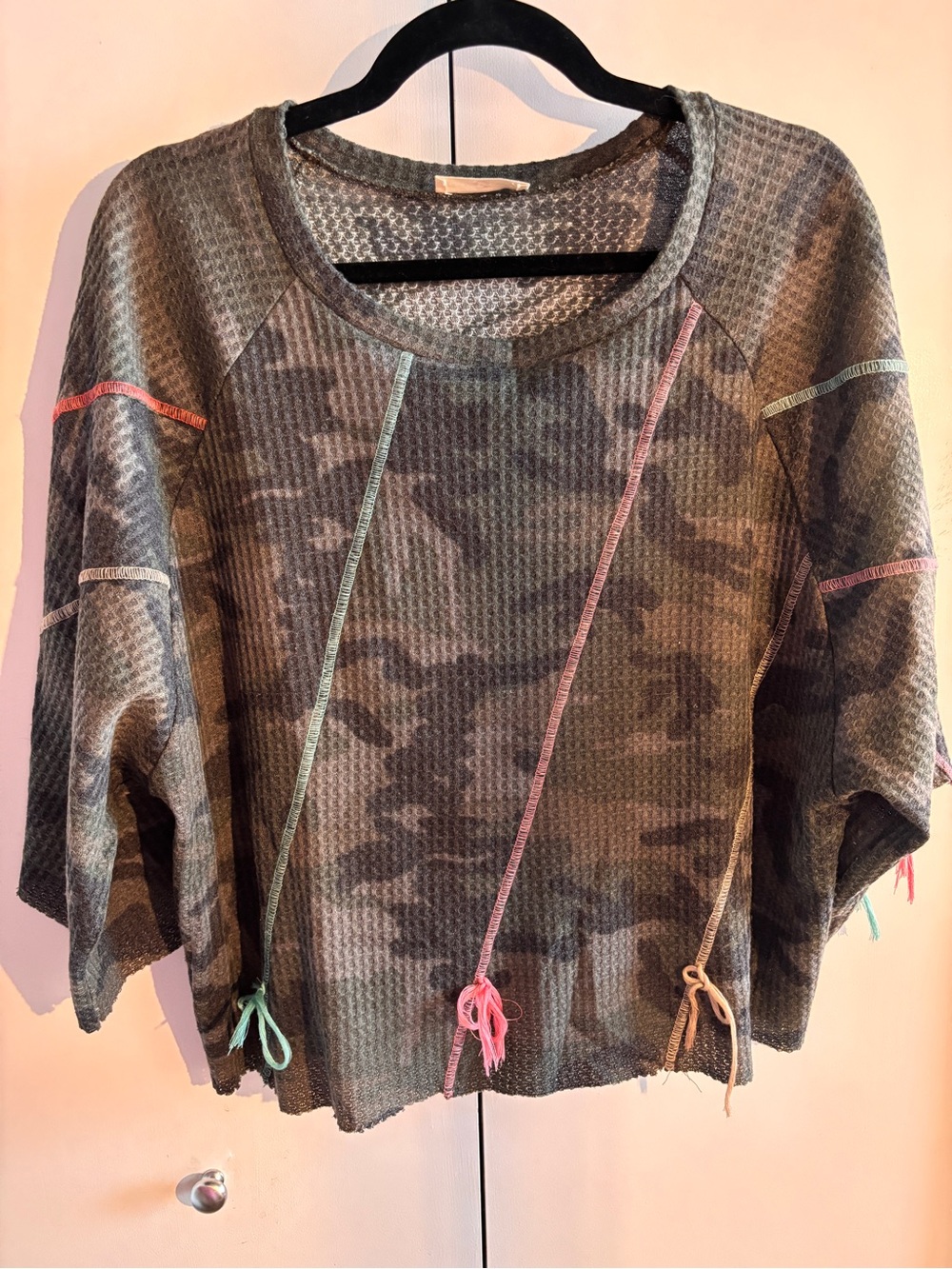 Camo Waffle Knit Pullover Top with Color Tie Accents - Green